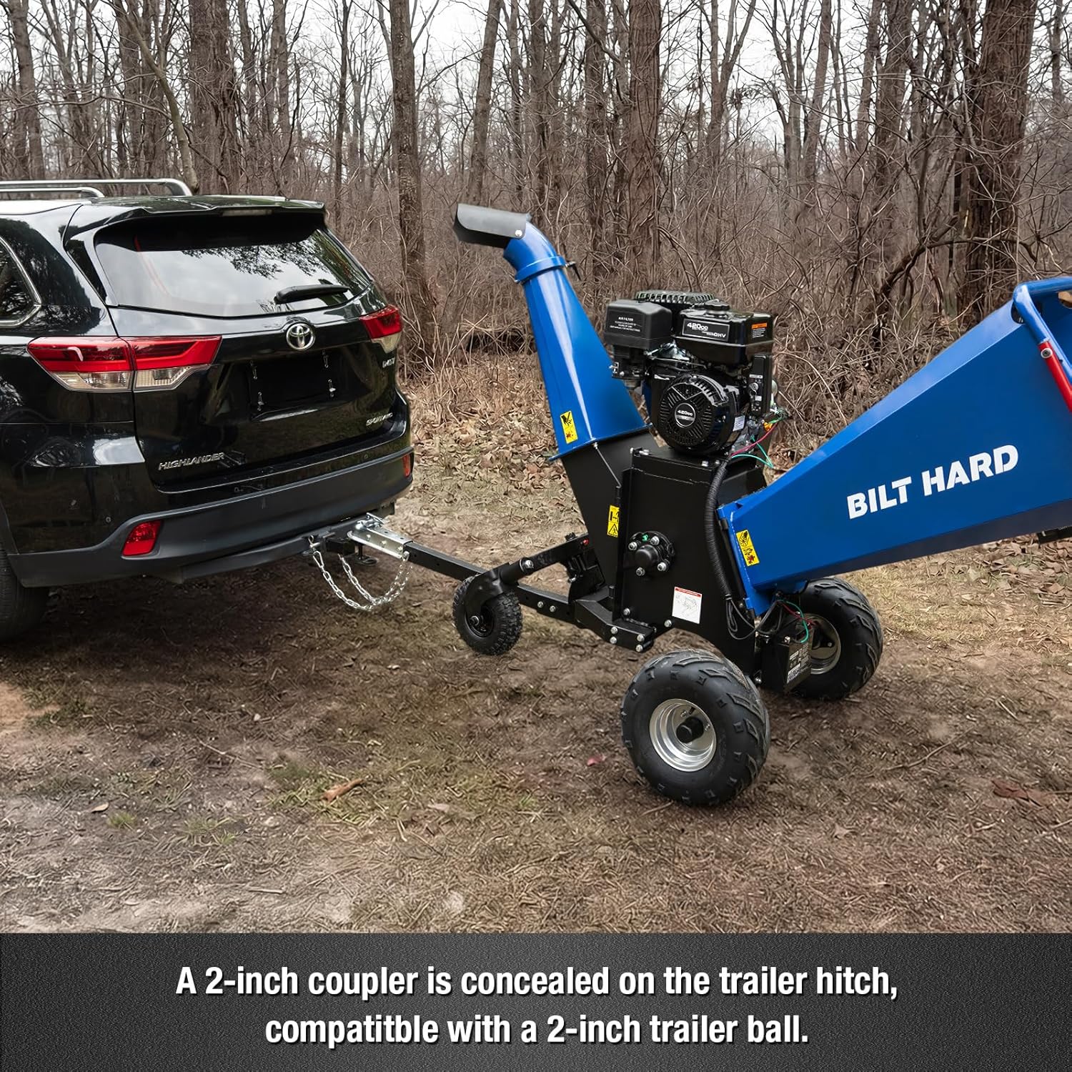 BILT HARD 6 Inch 420cc 15HP E-Start Gas Powered Drum Wood Chipper, 4-Wheels Towable Leaf Branch Shredder Mulcher with Tow Bar, Emergency Stop Bar