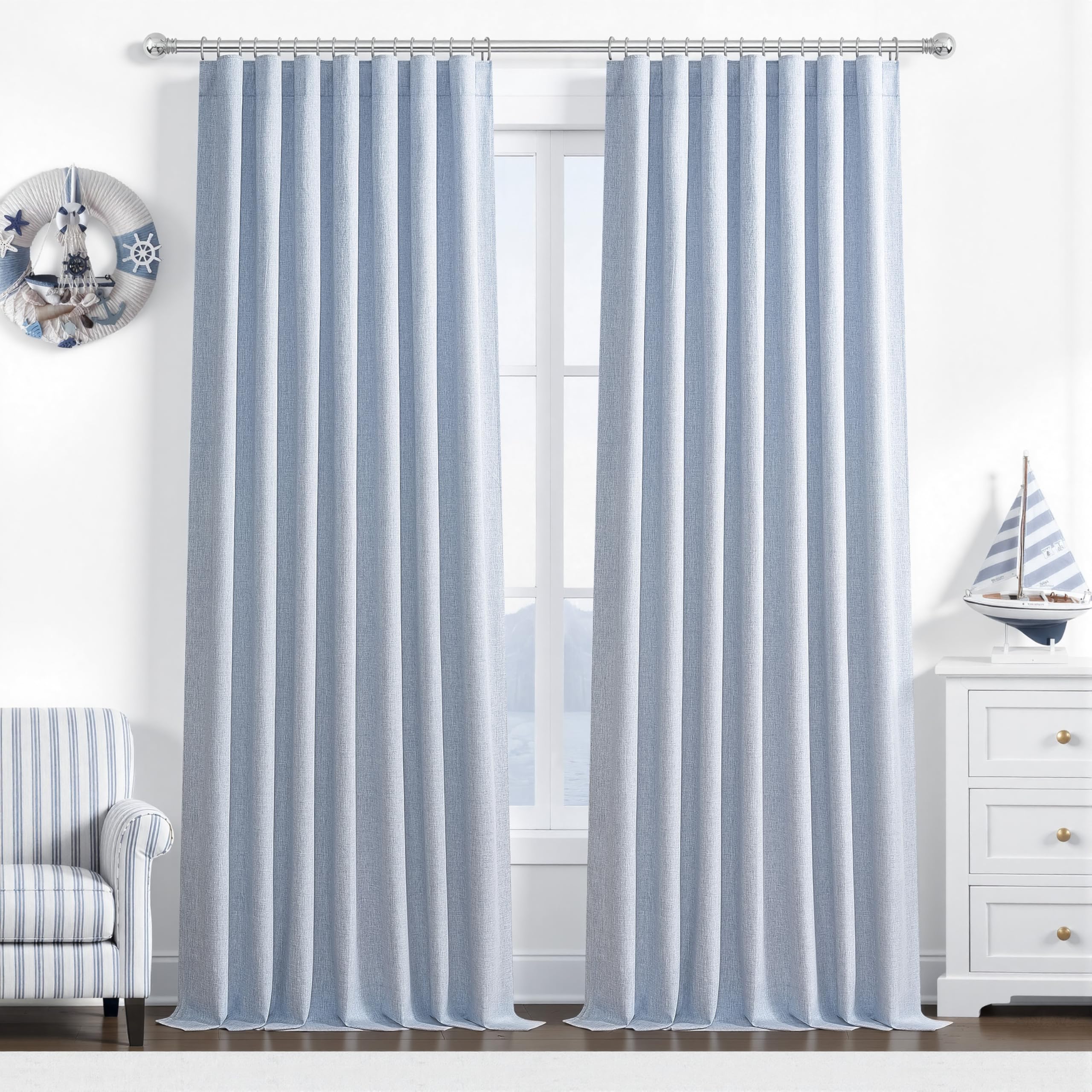 Dusty Blue Blackout Nursery Curtains 96 Inch Length for Kids/Boys Rooms/Bedroom, Floor to Ceiling Track Pleated Window Drapes with Hooks Linen Winter Thermal Coastal Light Blue(50"Wx96"Lx 2Panels) โ image 1
