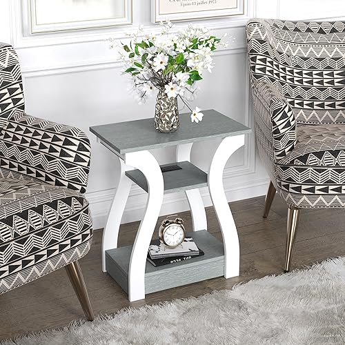 Mesa auxiliar con estación de carga, mesa auxiliar con puertos USB y tomas, mesa de sofá de 3 niveles para espacios pequeños, mesa auxiliar con