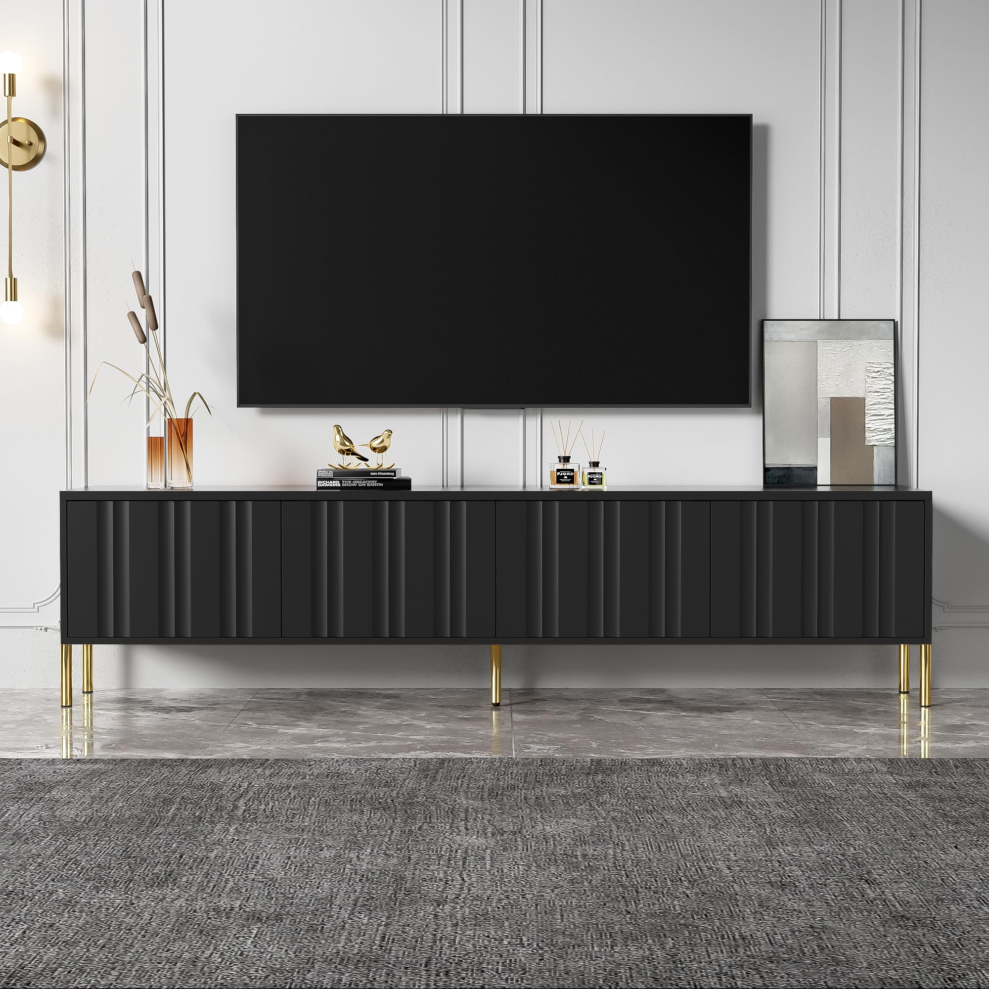 Mobile TV con 4 ante e gambe del tavolo dorate mobile TV 190 cm(L) x 38 cm(L) x 48 cm(H) credenza TV per soggiorno sala da pranzo camera da letto mobile TV Nero