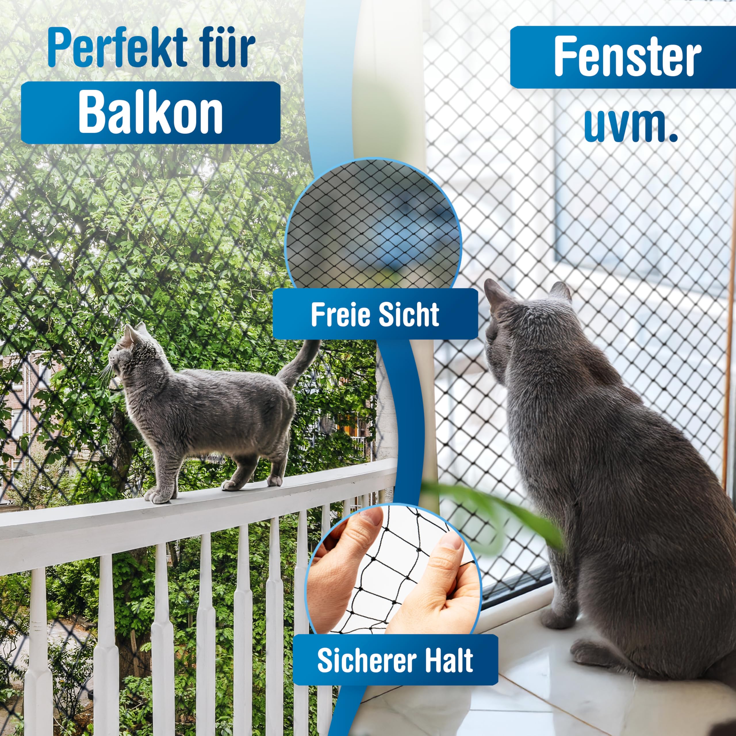 QCAT - Rete per gatti 7 in 1 per balcone [extra rinforzato] | universale, senza foratura, adattabile | rete per balconi, finestre (6 x 3 m, nero)