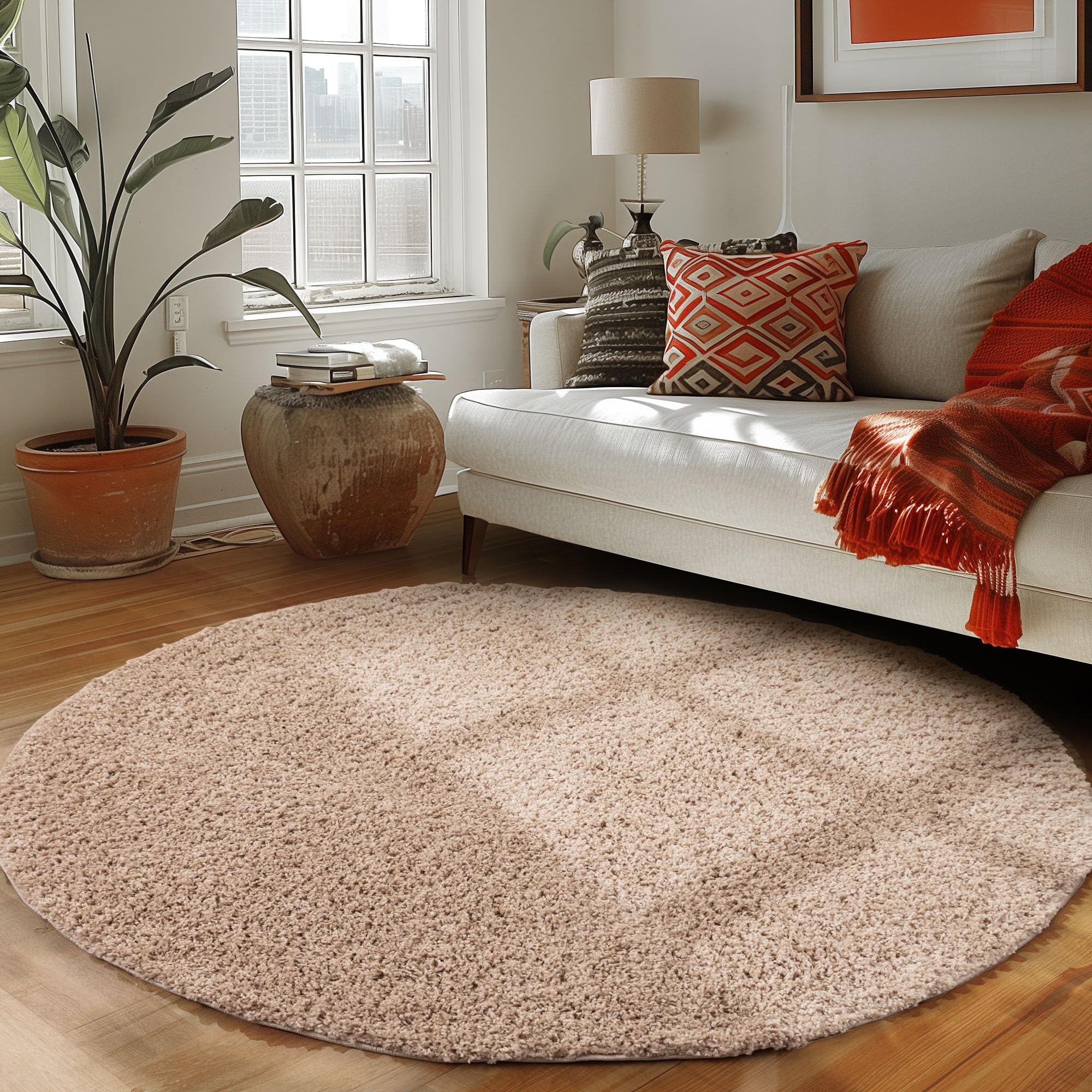Tapis rond moelleux à poils longs beige - 180 x 180 cm - Pour salon, chambre à coucher, chambre d'enfant - Tapis moderne à poils longs pour décoration d' intérieur