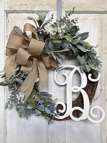 Miniatura 2 de Lambs Ear with Eucalyptus Front Door Wreath with Monogram Letter Option, 20-22" diameter, Exterior Door Decor, Rustic Farmhouse Look, Spring Summer