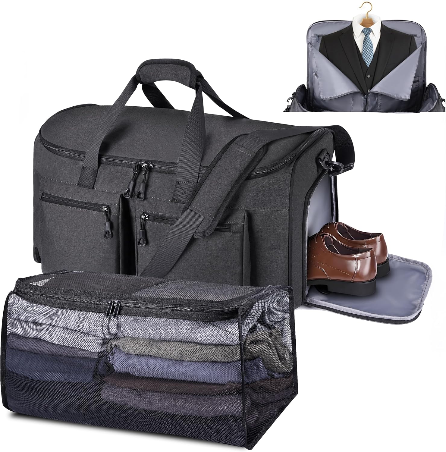 Convertible Garment Duffel Bag with Mesh Storage Bag, Water-Resistance Carry On Garment Bag with Suit Compartment, 2 in 1 Hanging Suit Travel Bag (Black)