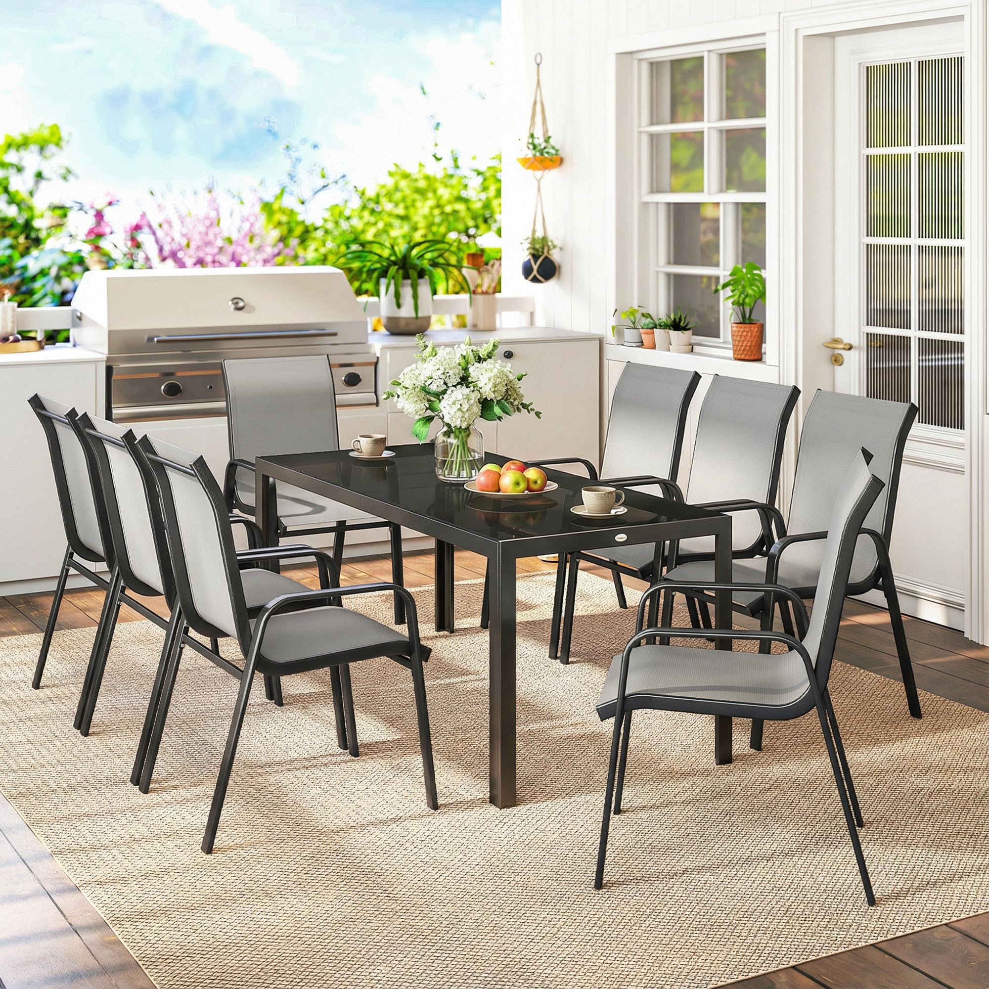 Outsunny Set Tavolo e Sedie da Giardino 9 Pezzi, Set Pranzo Esterno con Tavolo in Vetro Temperato, 8 Sedie Impilabili in Texteline, Set Mobili da Giardino per Terrazza Balcone Patio, Grigio Chiaro