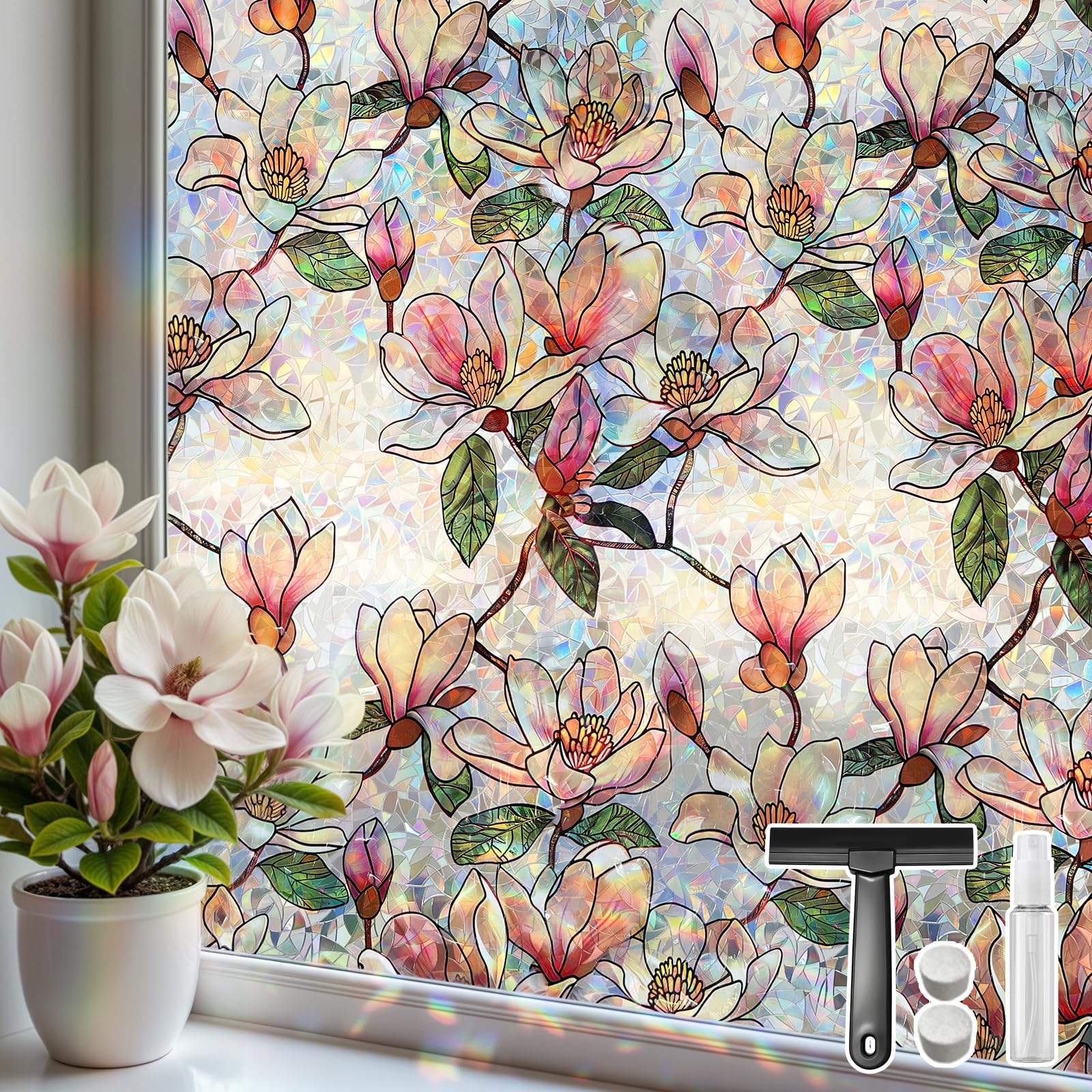 Mgood Stained Glass Window Film Privacy Film for Glass Windows Pink Magnolia Floral Pattern Rainbow Window Films Decorative Anti UV Static Cling Window Vinyl for House, Door, 75x200cm