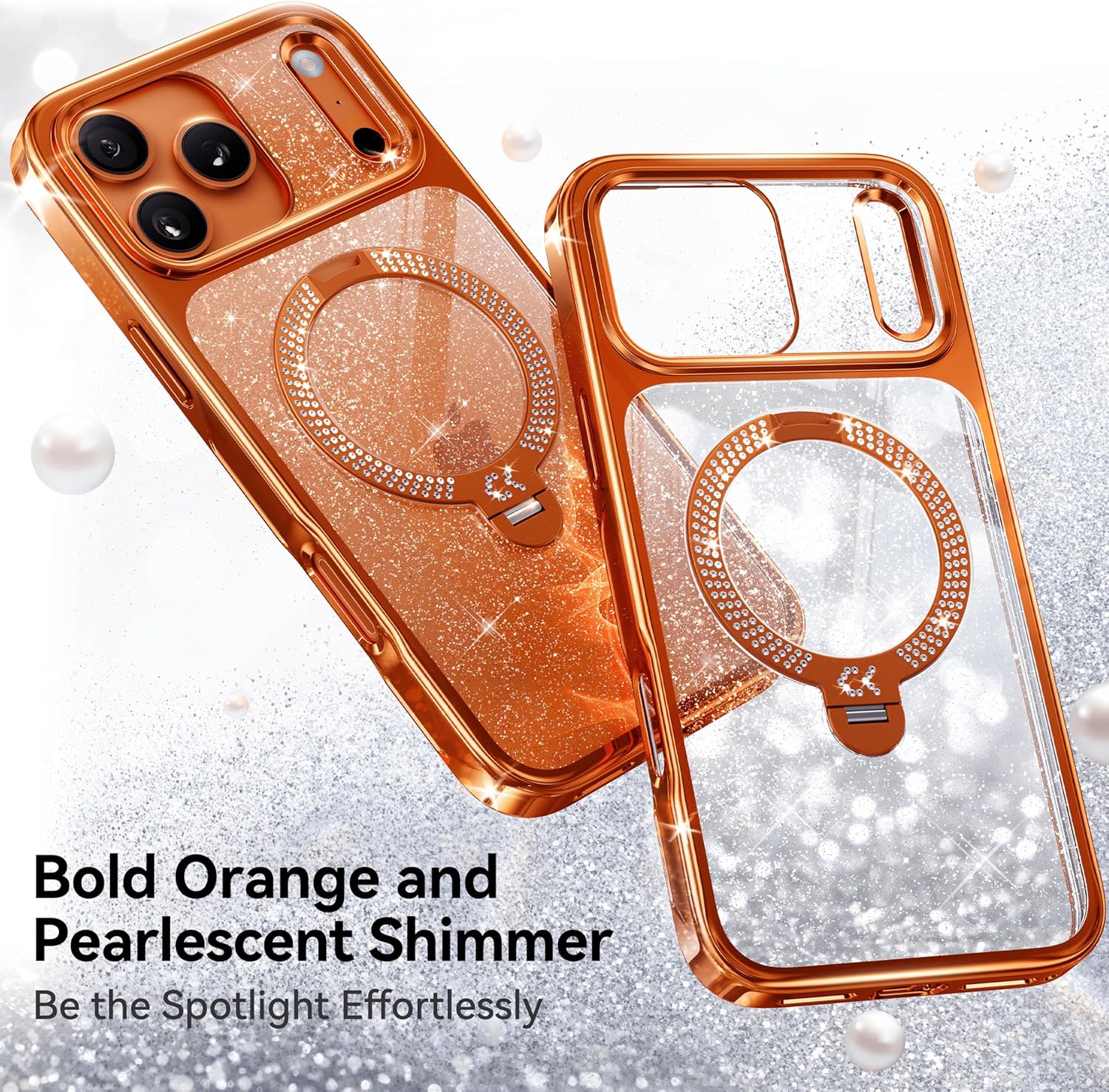 CASEKOO Swarovski Pearlescent Shimmer 360 Spin Magnetic Stand for Glossy iPhone 17 Pro Max Case for Women, Fit for MagSafe, 17FT Drop Protection, Design for 17 Pro Max Case, Diamond Orange Sparkle - Image 3