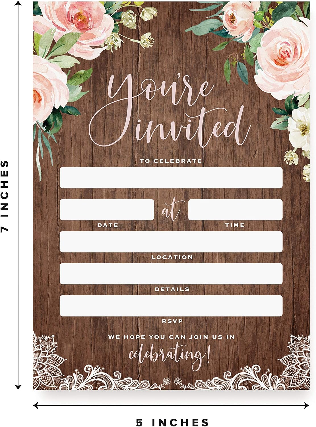 Bliss Collections All Occasion Invitations with Envelopes, Rustic, Cards for Your Wedding, Reception, Bridal or Baby Shower, Engagement and Birthday Party, 5"x7" (25 Invitations and Envelopes)