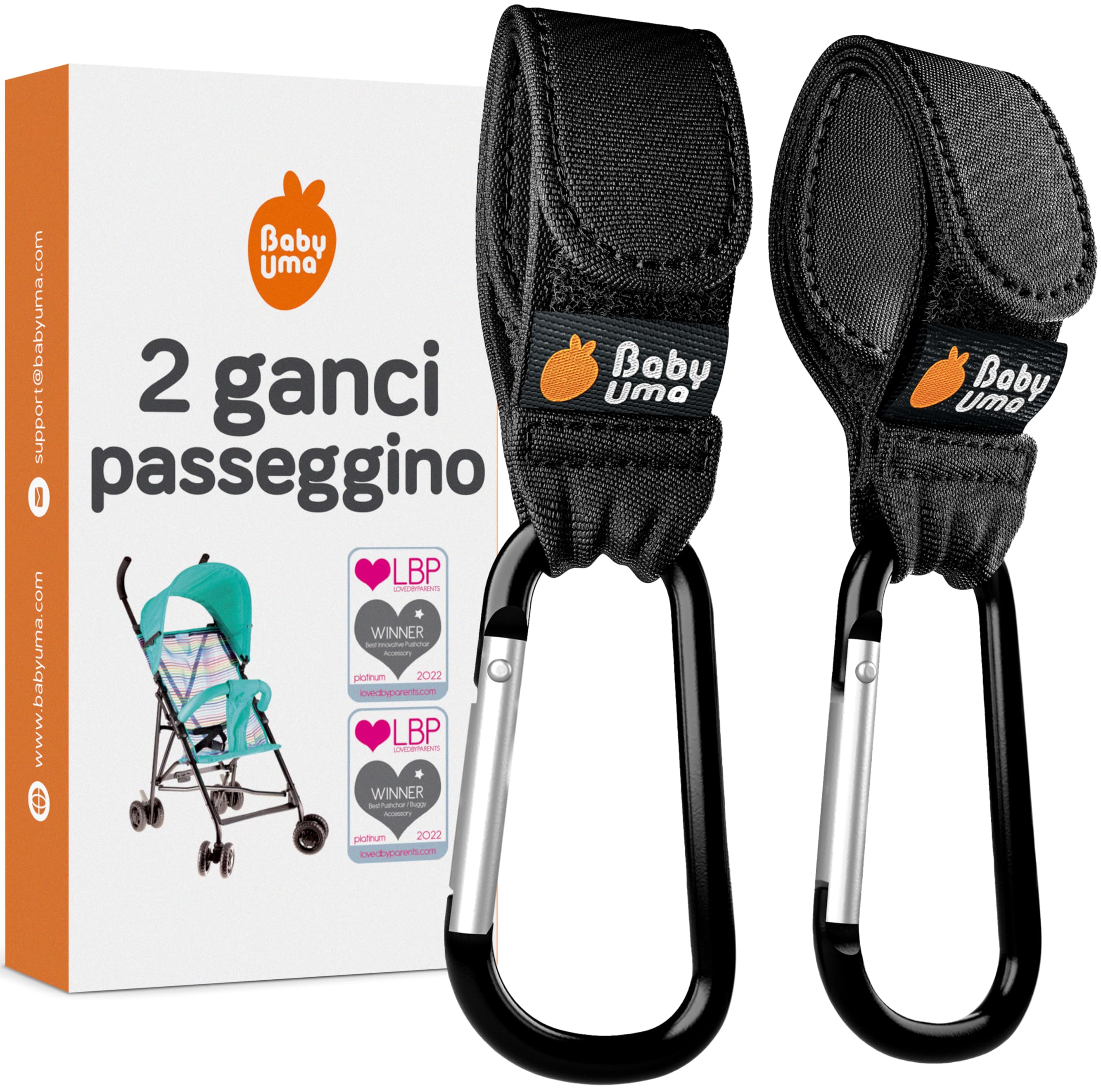 Baby Uma Buggy Clips - Hook Your Shopping Bags on Your Pushchair or Stroller. Clip Your Handbag or Change Bag to Your Pram - Black, 2 Pack