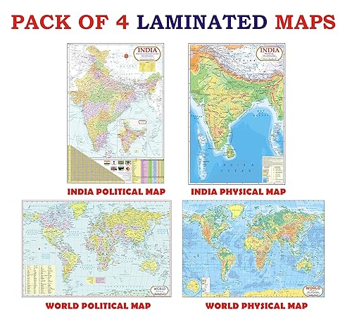 World Map &amp; India Map ( Both Political &amp; Physical ) | LAMINATED Combo of 4 Maps | Printed on Both Sides | Size : 45 x 30 cm |