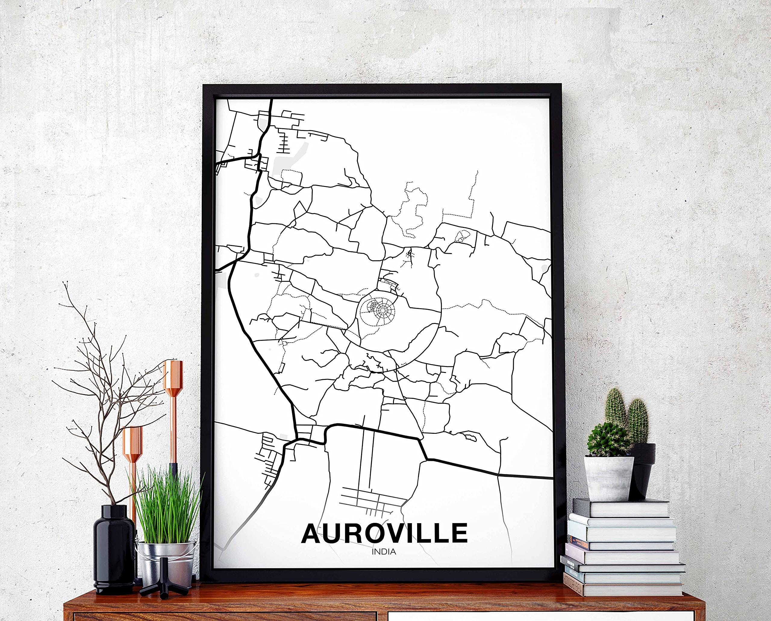 Auroville India Map Black White Hometown City Print Modern Home Decor Office Decoration Wall Art Dorm Bedroom Gift Poster 11×17, 16×24, 24×36 inch- Unframed Wall Art