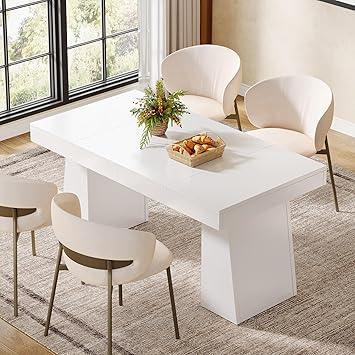 Tribesigns 55-Inch Dining Room Table for 4, Mid-Century Modern Dining Table with Double Pedstral, Rectangular Wood Kitchen Dinner Tables for Dining Room, Kitchen, Home, White Only Table