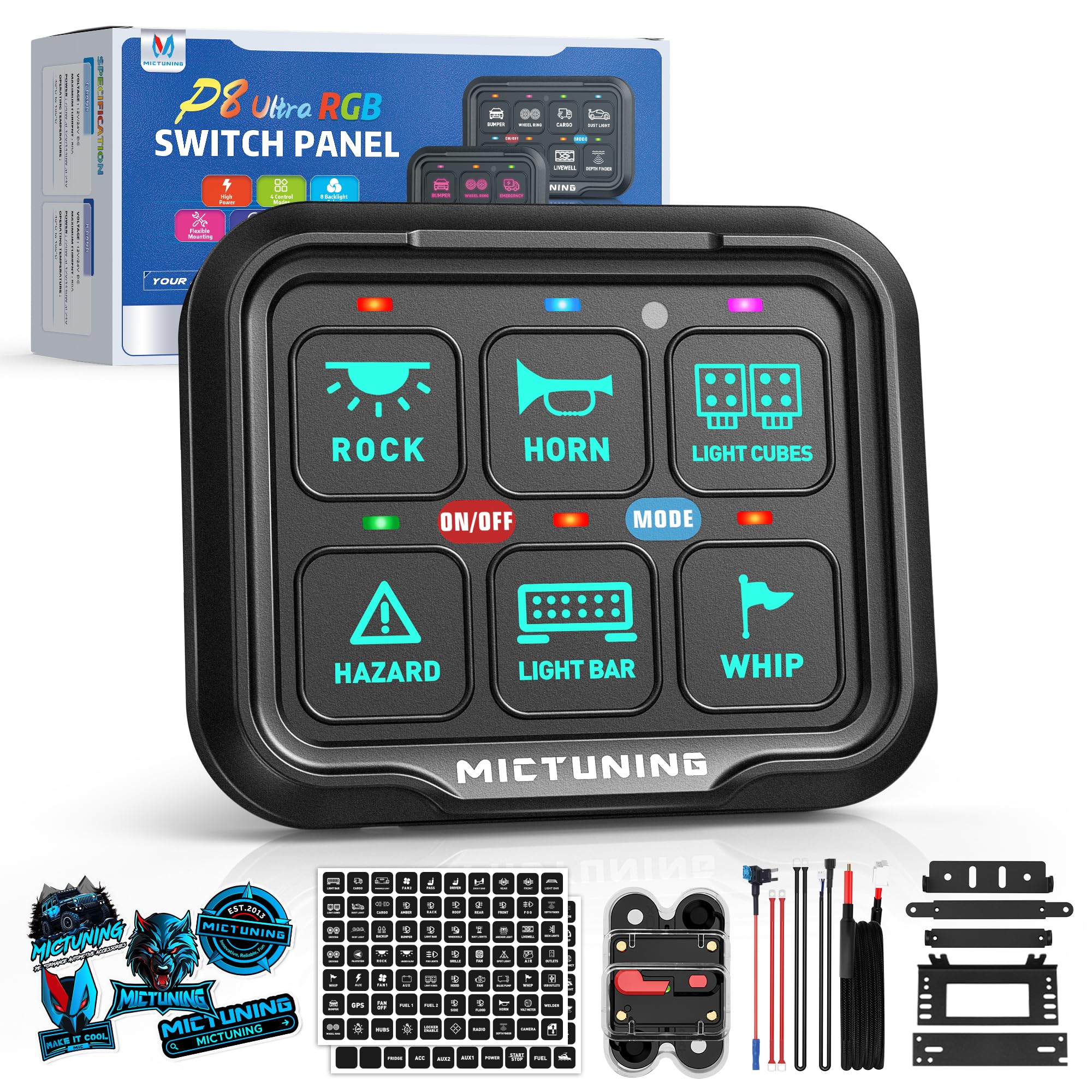Photo 1 of MICTUNING P8 RGB 6 Gang Switch Panel, Upgraded IP67 4 Multifunctions Pulsed Strobe Momentary Toggle Switch Backlit Off Auto Dimmable 12V-24V Circuit Control Relay System Box for Boat Marine Car RV