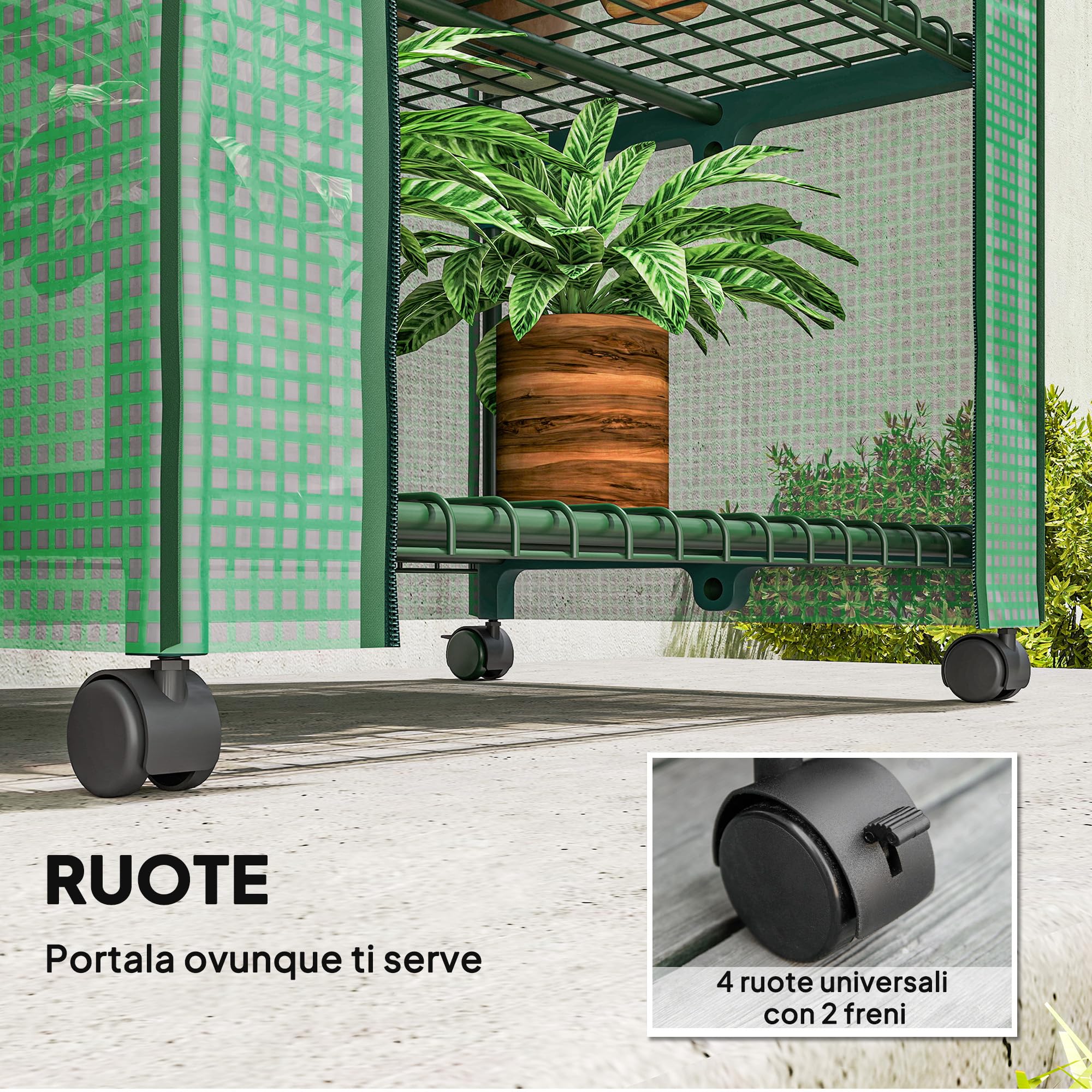 Outsunny Serra da Balcone a 4 Livelli con Porta Avvolgibile e 4 Rotelle, Serra per Orto con Struttura in Acciaio e Copertura in PE per Orto, Verdure, Fiori e Frutta, 69x50x165 cm Verde