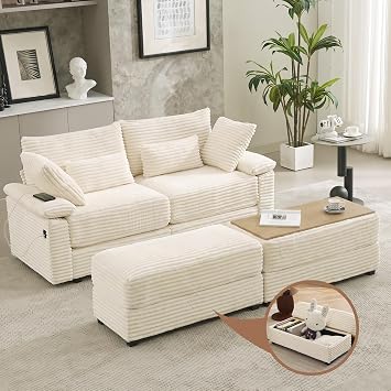 75" Corduroy Loveseat with Storage Ottoman, USB & Coffee Table, Beige