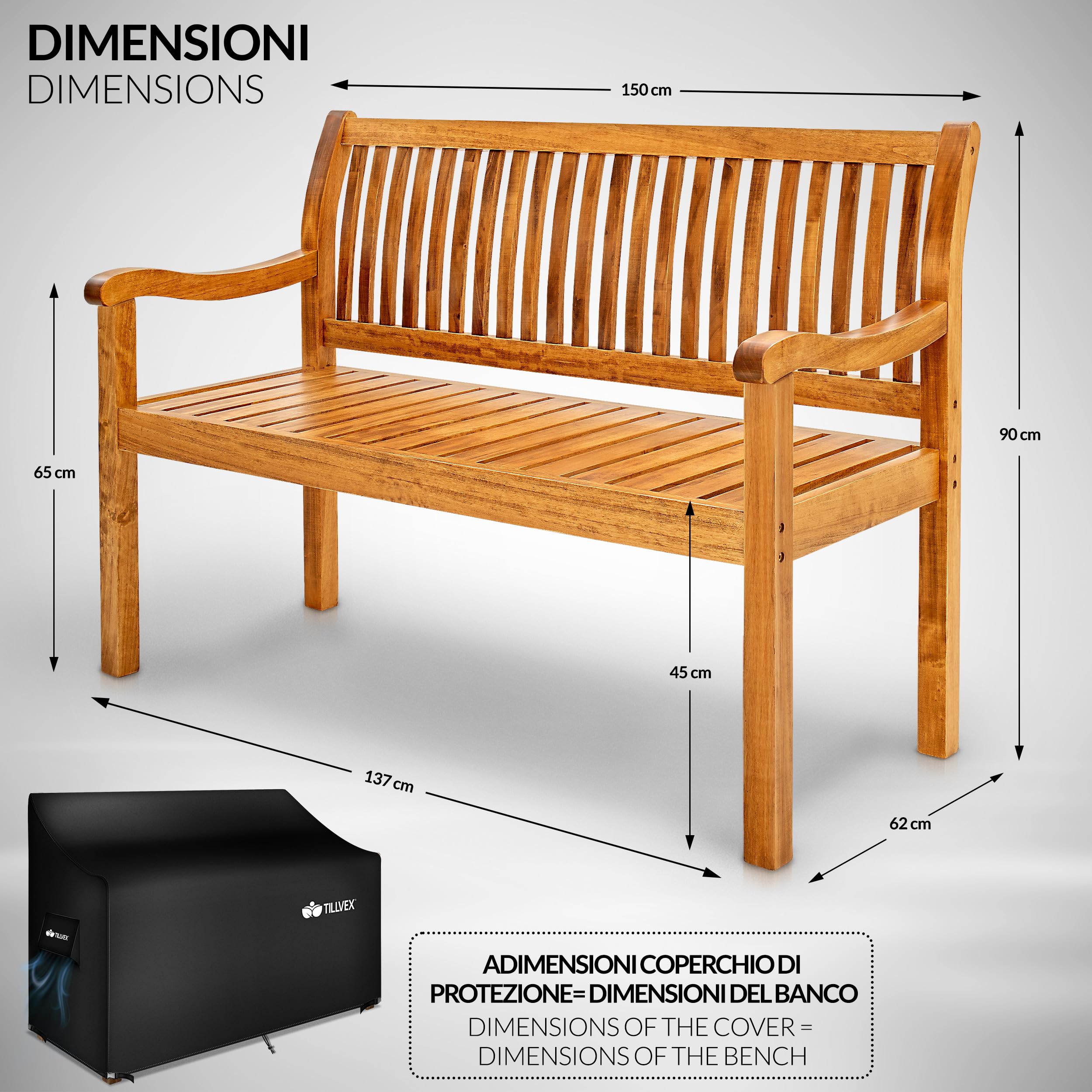 tillvex Panchina da Giardino 150 cm con Copertura in Legno Resistente alle Intemperie per 3-4 Persone | Panchina Peso Massimo 320 kg | Panca in Legno per Balcone, Terrazza & Giardino
