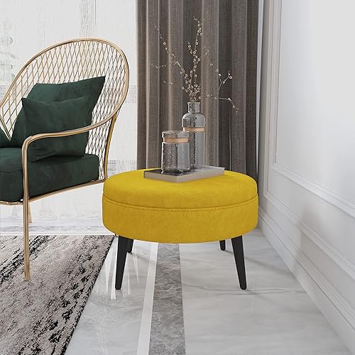 Miniatura 6 de Homebeez Taburete redondo de terciopelo de 23 pulgadas, mesa de centro otomana tapizada, taburetes acolchados con botones y patas de madera maciza,