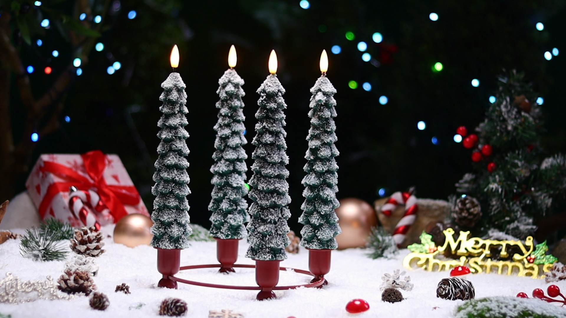 Image of Stmarry 4 PCS Flameless Christmas Tree Candles with Remote, Snow Covered Real Wax Flameless Taper Candles 9.65 Inch, LED Candlesticks Battery Operated with 3D Flickering Flame, Christmas Candles Decor