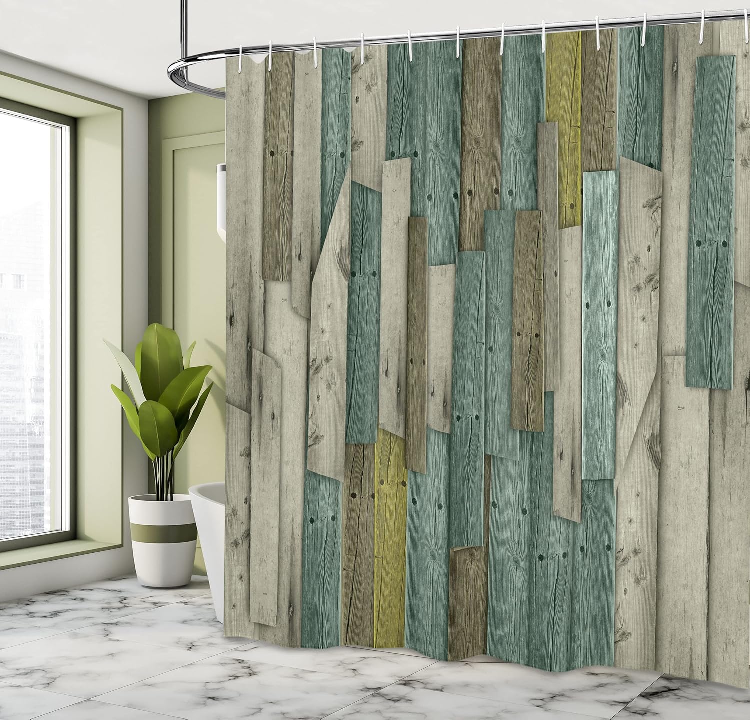 Ambesonne Rustic Shower Curtain, Farm House Life Theme Grunge Wood Planks Barn Door Nails Country, Cloth Fabric Hotel Quality Decor Set with Hooks for Master Bath and Guestroom, 69" W x 70" L, Green