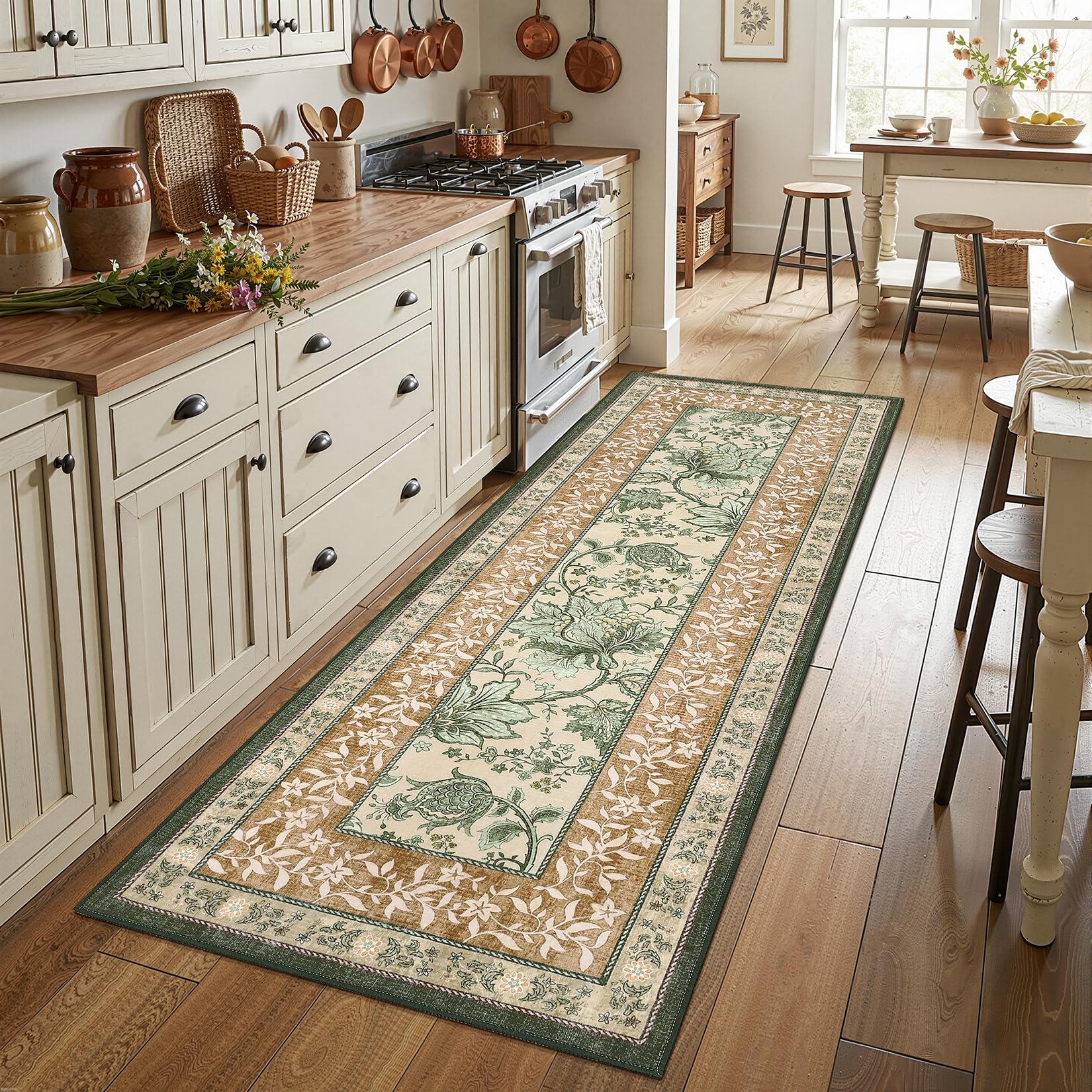 Terracotta olive sage washable botanical runner rug