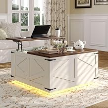 Jocoevol Farmhouse Lift Top Coffee Table, Square Wood Center Table with LED Lighting, USB-C Charging Station, and Hidden Storage Compartment - Rustic White &amp; Oak Living Room Furniture