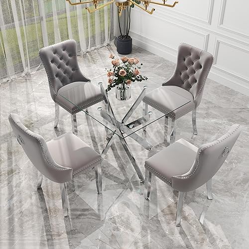 Miniatura 2 de Juego de comedor de cristal de lujo plateado de 5 piezas, juego de mesa de cocina minimalista moderno para 4 personas, juego de comedor con negro +