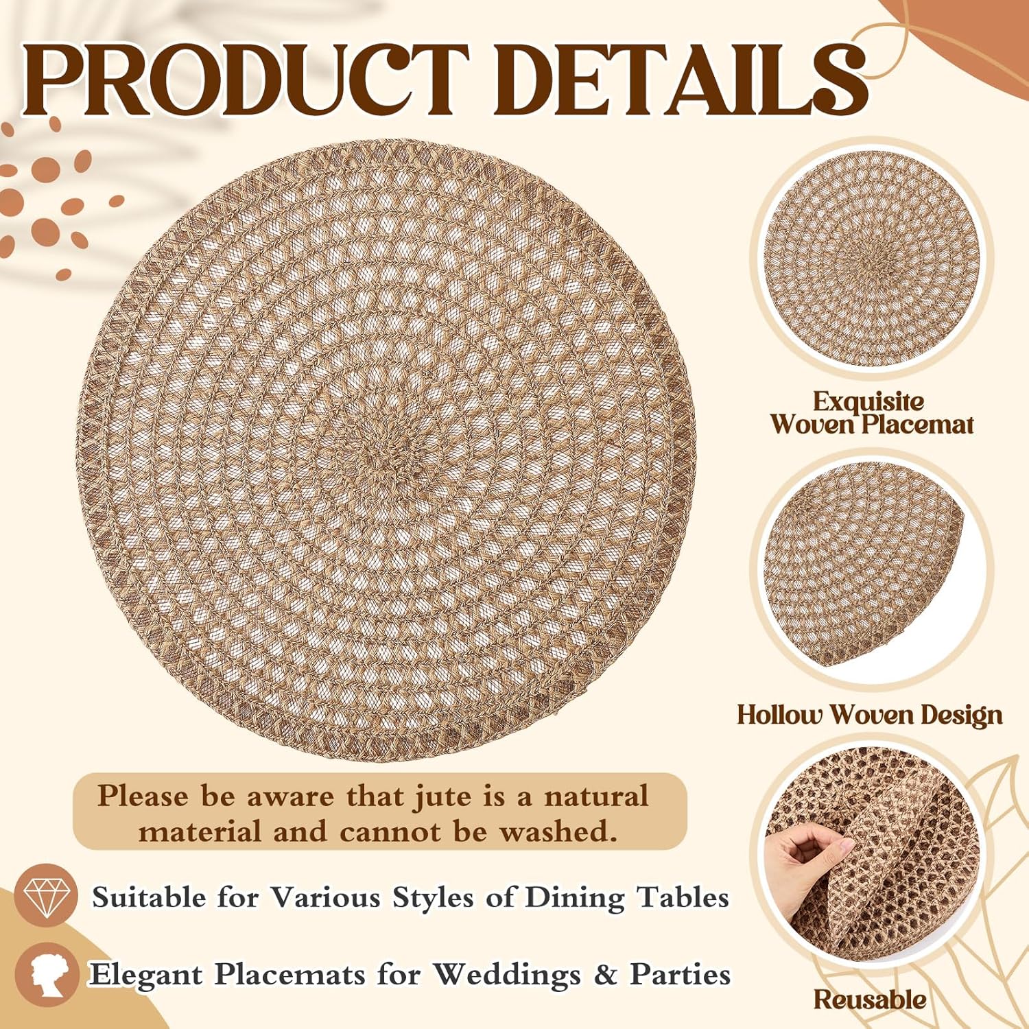 24 Pcs 12 Inch Round Burlap Placemat Boho Jute Woven Charger Rustic Vintage Brown Heat Resistant Dining Table Mat for Home Wedding Craft Farmhouse Outdoor Birthday Bridal Party Decoration