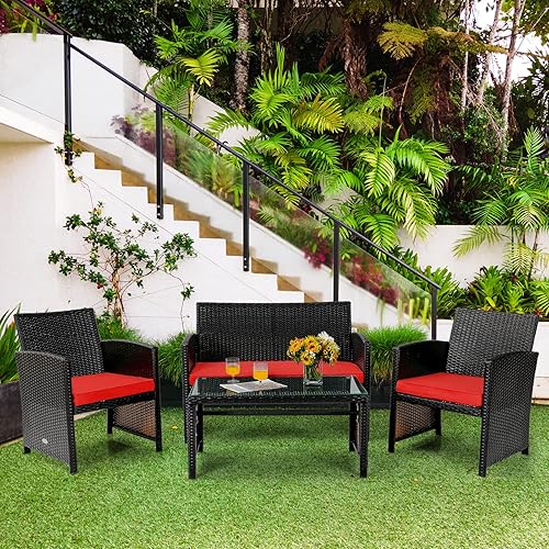 Miniatura 3 de Tangkula Juego de muebles de ratán de 4 piezas, juego de conversación al aire libre con silla y sofá y mesa de centro de cristal templado, apto para