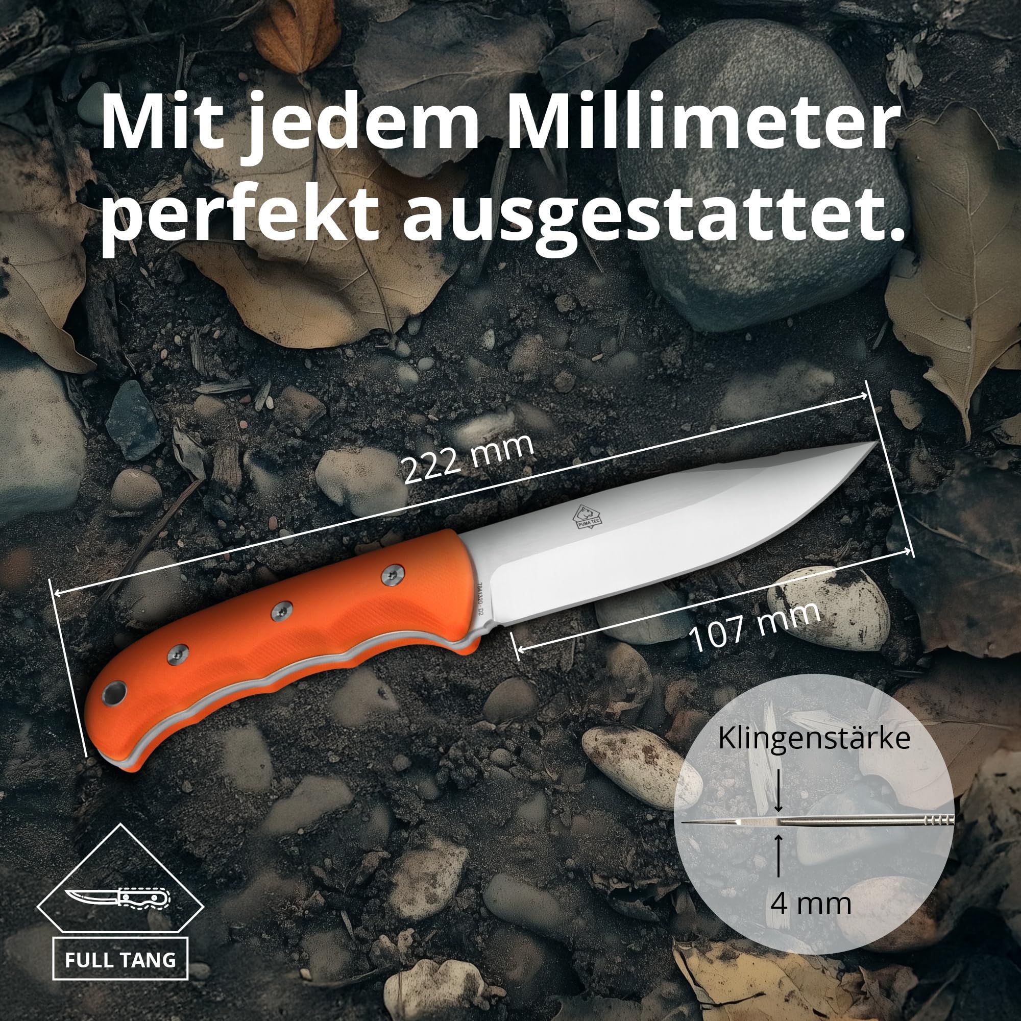 PUMA TEC – Survival D2 Knife – Orange – Feststehendes Full-Tang-Outdoormesser – D2-Stahl (60 HRC) mit edlem Satin-Finish & G10-Griff – inkl. passender Kydex-Scheide mit Steel-Clips