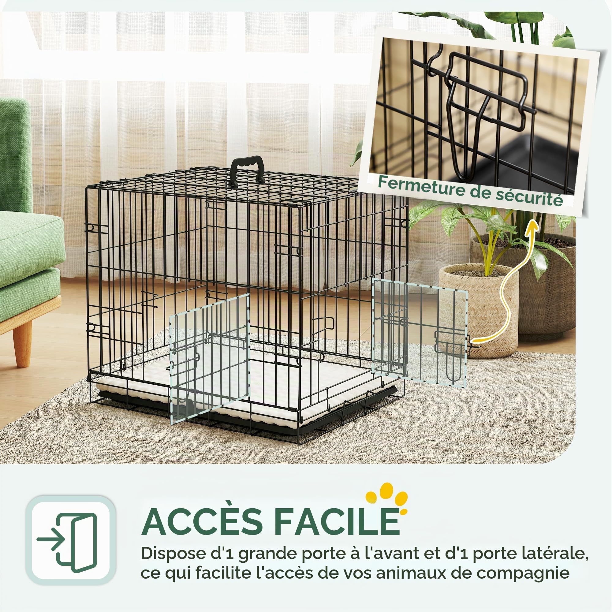 PawHut Cage pour chien robuste pour très petits chiens 60x45x50 cm Noir | Cage pliable en métal, 2 portes, plateau amovible, nettoyage facile, coussin doux, poignée transport, pour chiots