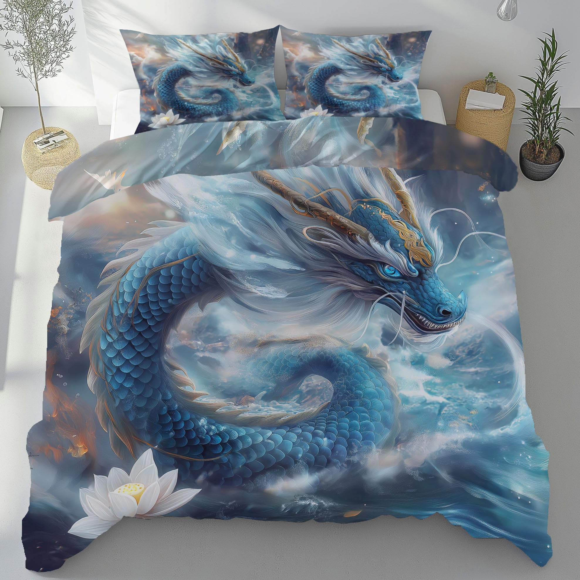 Parure de Lit Lotus Fleur Dragon, Housse de Couette Animaux Mythologie