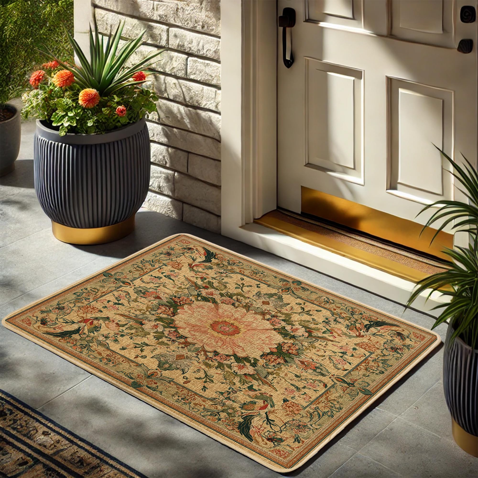 Floral Pattern Doormat, Soft Beige Flower Welcome Mat for Outdoor & Indoor Entryway Spring Decor, Rubber Waterproof Non-Slip Dust Absorbent Front Mat,