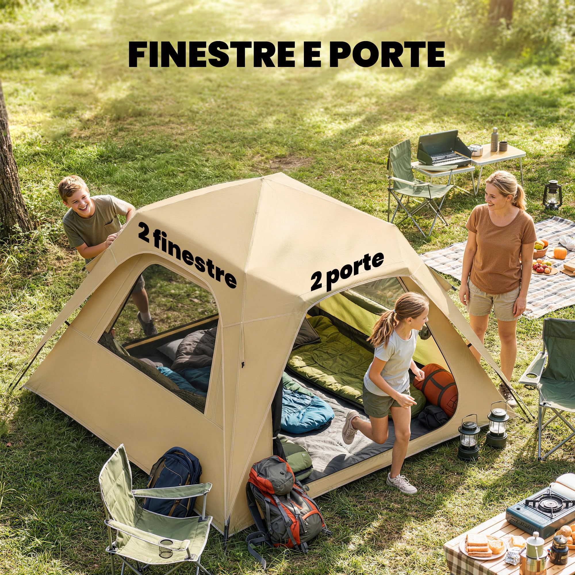 Outsunny Tenda Pop-Up per 2-3 Persone, Tenda da Campeggio Istantanea con Finestre in Rete e Borsa per il Trasporto, Impermeabile 3000mm e Protezione UPF50+, Cachi