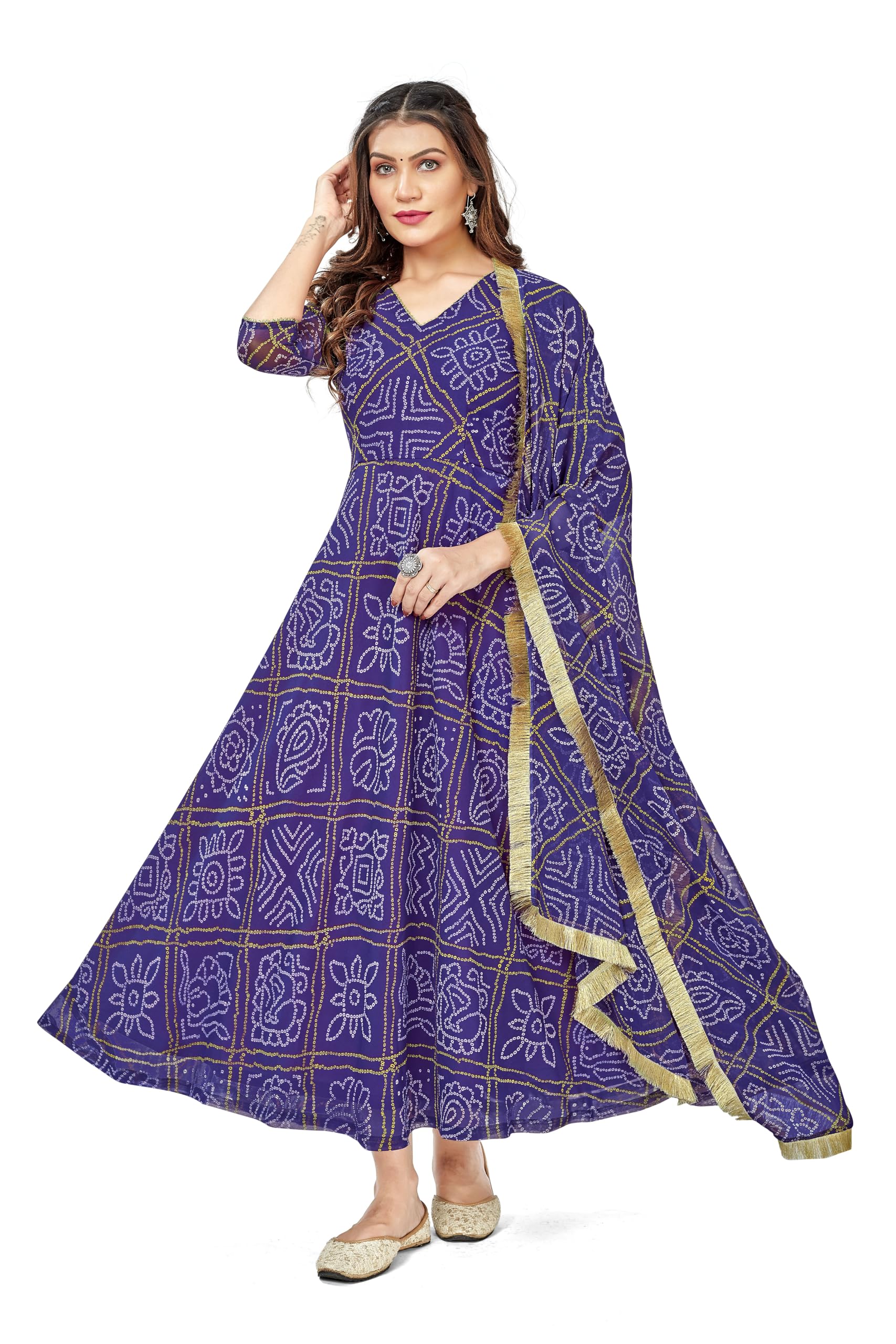 VIHARA THREADS Women's Bandhani Print Anarkali Kurta with Matching Dupatta, Ethnic Indian Wear
