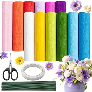 Premium Crepe Paper for Flower Making Kit, 12 Rolls Italian Crepe Paper | Beginner-friendly, Includes Scissors, Floral Wire, Double-Sided Tape, and Floral Tape for Decorations and Handmade Crafts