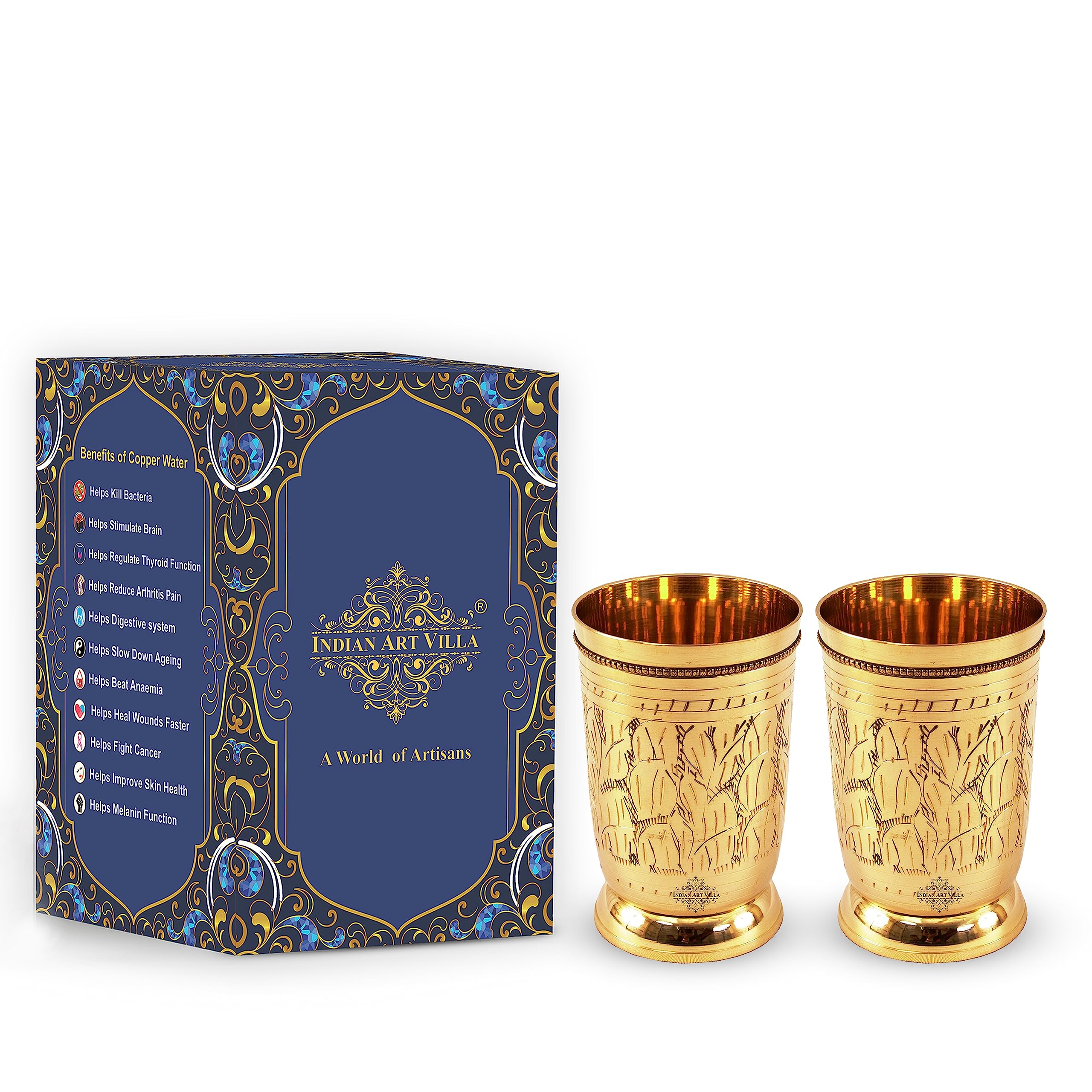 Indian Art Villa Handmade Mughlai Style Brass Glass Cup Tumbler 250 ML Drinkware,Hotelware, Set of 2