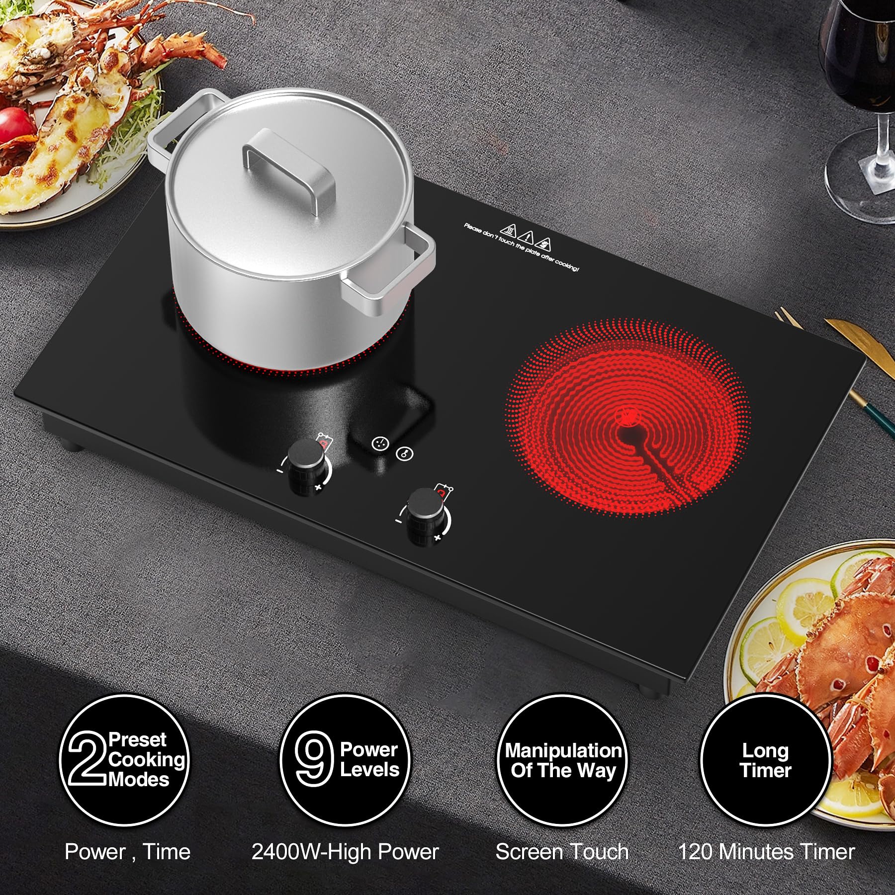 Cocina eléctrica, estufa eléctrica de 2400 W, encimera y placa caliente integrada con bloqueo de seguridad para niños, temporizador, control de perilla táctil LED, protección contra 9