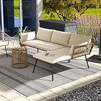 DWVO 3-Piece Outdoor Wicker Patio Conversation Set L-Shaped Sectional Sofa with Cushions & Glass Coffee Table - Beige All-Weather