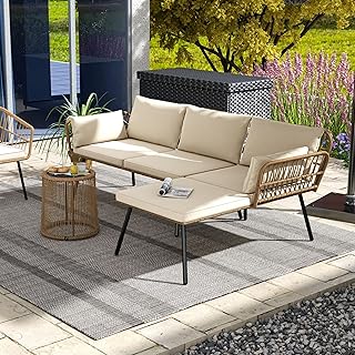 DWVO Patio Furniture Set 3 Piece Outdoor Wicker Conversation Set with Detachable Cushions and Coffee Table L-Shaped Sectional Sofa Set Outdoor Furniture Set for Backyard Porch Deck - Beige