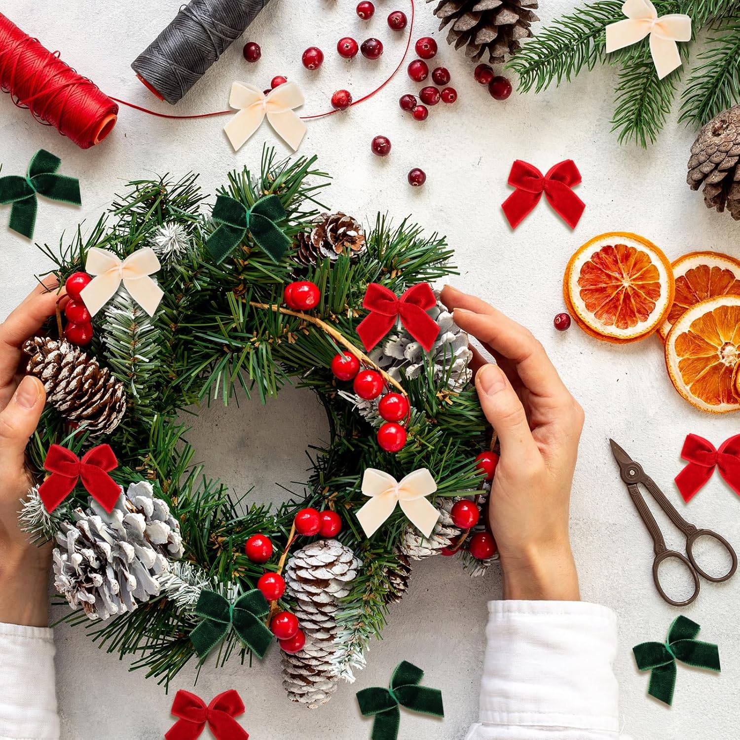 Waydress 120 Pcs Tiny Mini Christmas Velvet Bows for Crafts Xmas Twist Tie Bows Ribbon Bowknot Christmas DIY Craft Sewing Scrapbooking Gift Wrapping(Red, Green, Cream,1 Inch) - Image 3