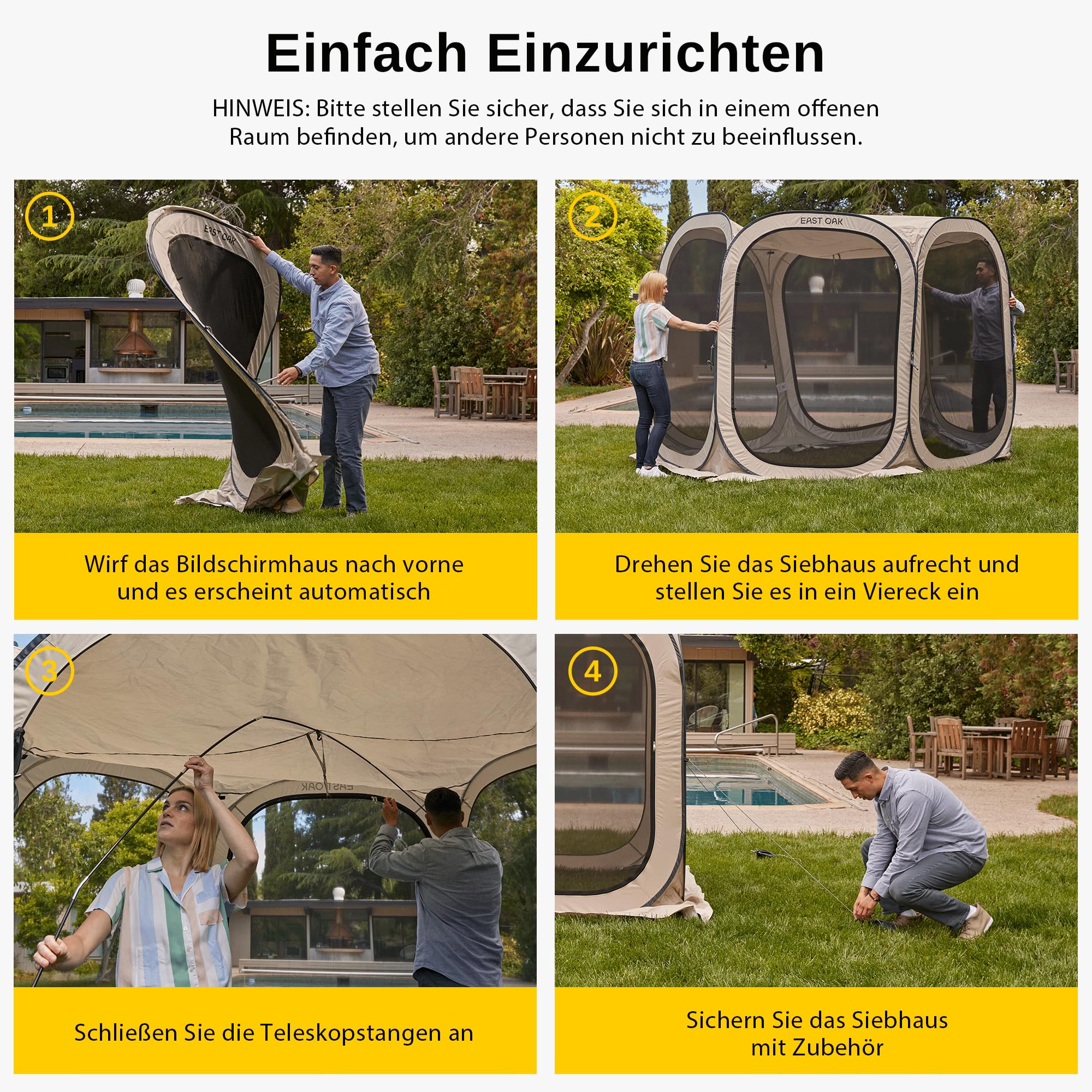 East Oak Pop Up Zelt, Pavillon 3×3m, Wurfzelt Große für 4-6 Personen, Gazebo für Camping, Garten, Terrasse, Stoffe Wasserdicht, UPF 50+ UV Schutz, 360° Belüftung, Anti Moskito, mit Tragetasche, Beige