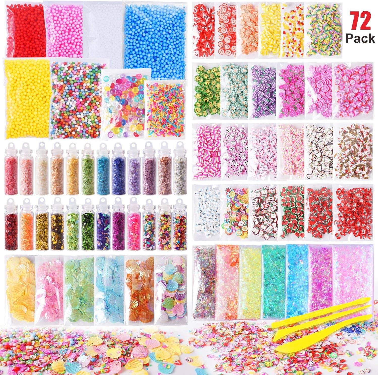 Jeicy Slime Supplies Kit, 72 Pack Slime Stuff Charms Include Floam Balls, Glitter, Cake Flower Fruit Slices, Fishbowl Beads, Shell, Slime Accessories for DIY Slime Making, Slime Party Decoration