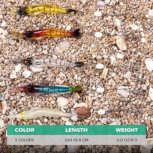 Miniatura 9 de Goture Señuelos de camarones suaves para pesca de agua salada, juego de cebo de camarón luminoso con ganchos afilados para agua dulce y salada,