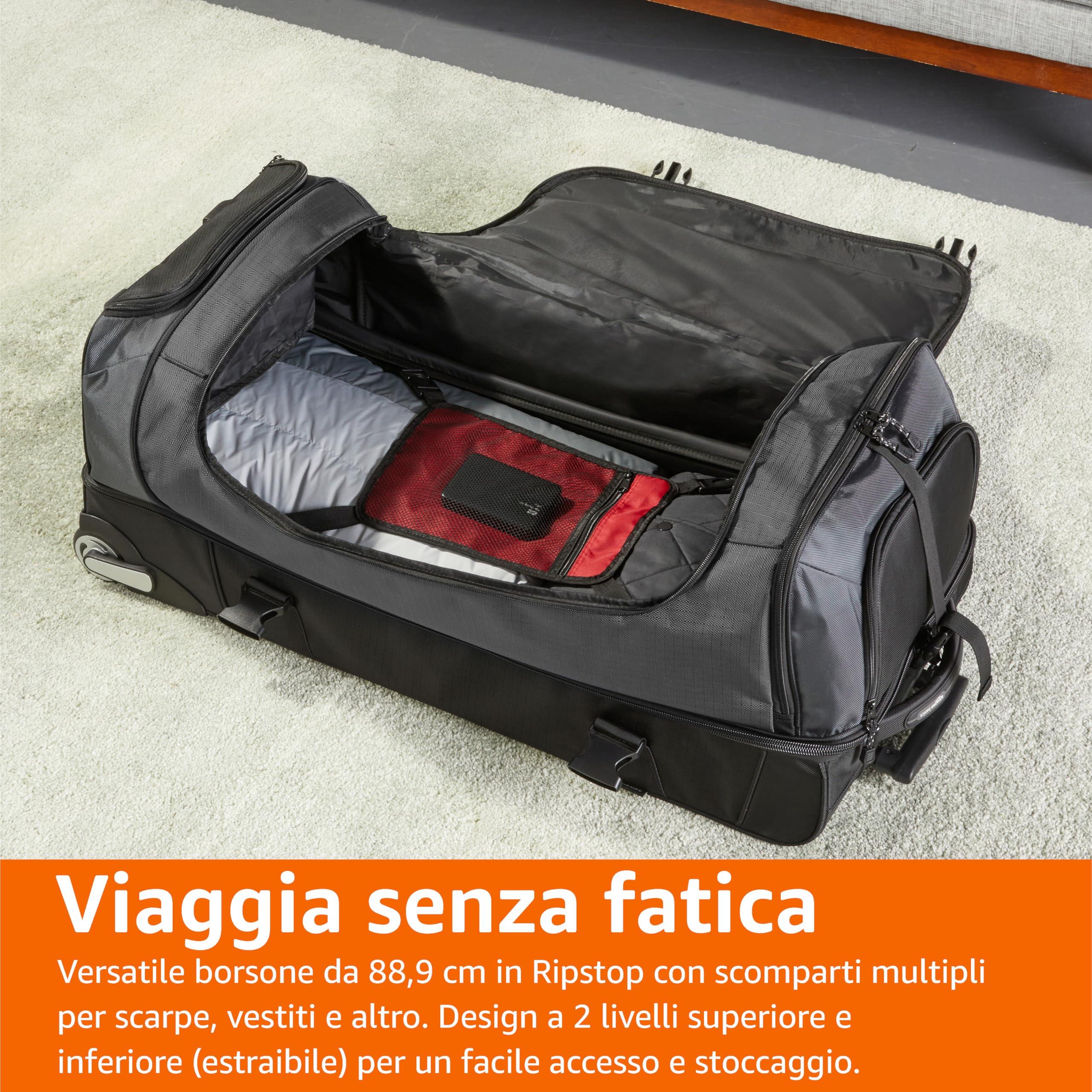 Amazon Basics Borsone da Viaggio con Ruote,Grande (89 cm, 137 litri),Trolley Leggero e Robusto in Tessuto Ripstop, Spazioso,con Manico Telescopico,Ideale per Viaggi,Lavoro e Tempo Libero,Nero
