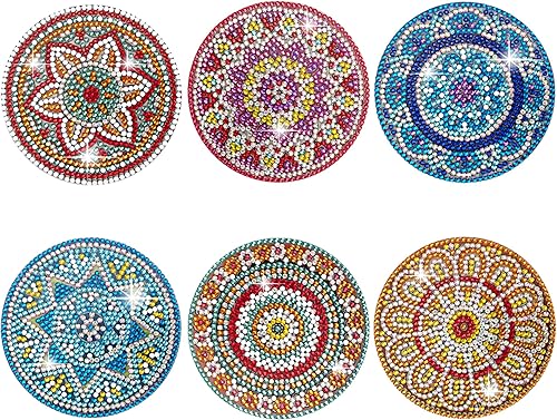 Temlum Juego de 6 posavasos de pintura de diamante, posavasos de mandala para principiantes, adultos, niños, kit de pintura de diamantes pequeños,