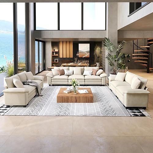 Miniatura 10 de Juego de sofá y sofá cama, asiento modular de chenilla extragrande y sofá de 3 plazas con almohadas, juego de muebles de sofá seccional moderno de