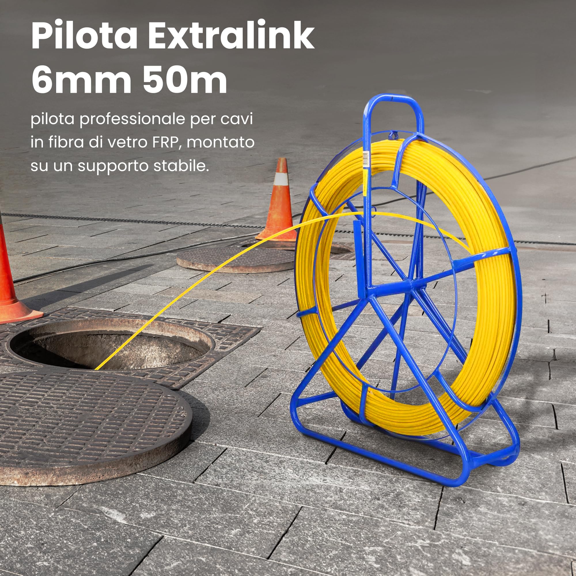 Extralink Asta in fibra di vetro FRP da 6mm di diametro 50m, tubo vuoto con supporto per rulli e freno, molla retrattile ad alta elasticità e resistenza, accessori in fibra di vetro per cavi per