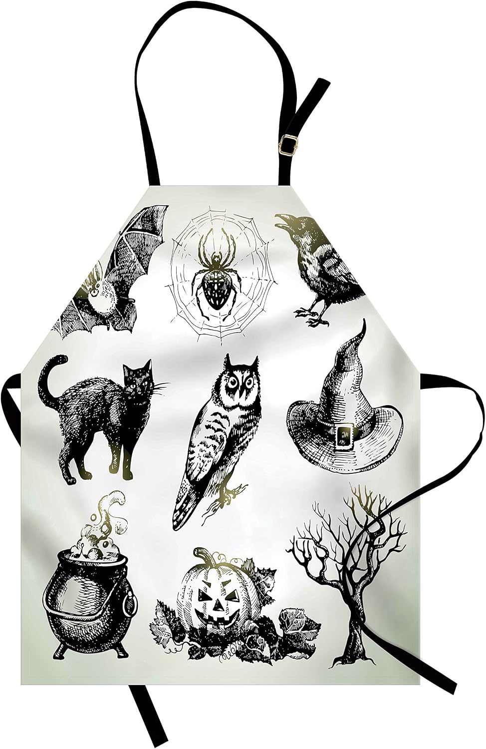 Lunarable Vintage Halloween Apron, Halloween Related Pictures Drawn by Hand Raven Owl Spider Black Cat, Unisex Kitchen Bib with Adjustable Neck for Cooking Gardening, Adult Size, White Black