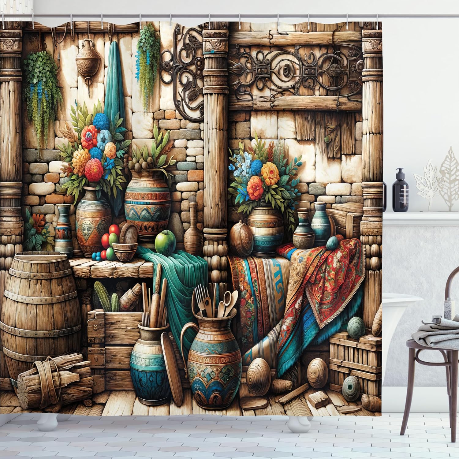 Ambesonne Rustic Shower Curtain, Fantasy World Old Times Inspired Ethnic Vases Flowers Grunge Historic, Cloth Fabric Bathroom Decor Set with Hooks, 69" W x 75" L, Pale Brown Teal Cinnamon