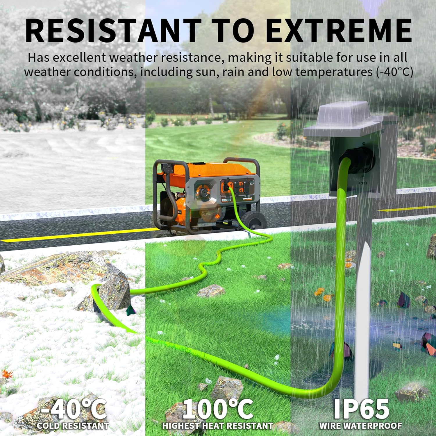 40Feet 30 Amp Generator Extension Cord 4 Prong,Heavy Duty NEMA L14-30P/L14-30R,125/250V 7500W,Green 10 Gauge STW Twist Locking Generator to House Power Cords with Cord Organizer,ETL Listed